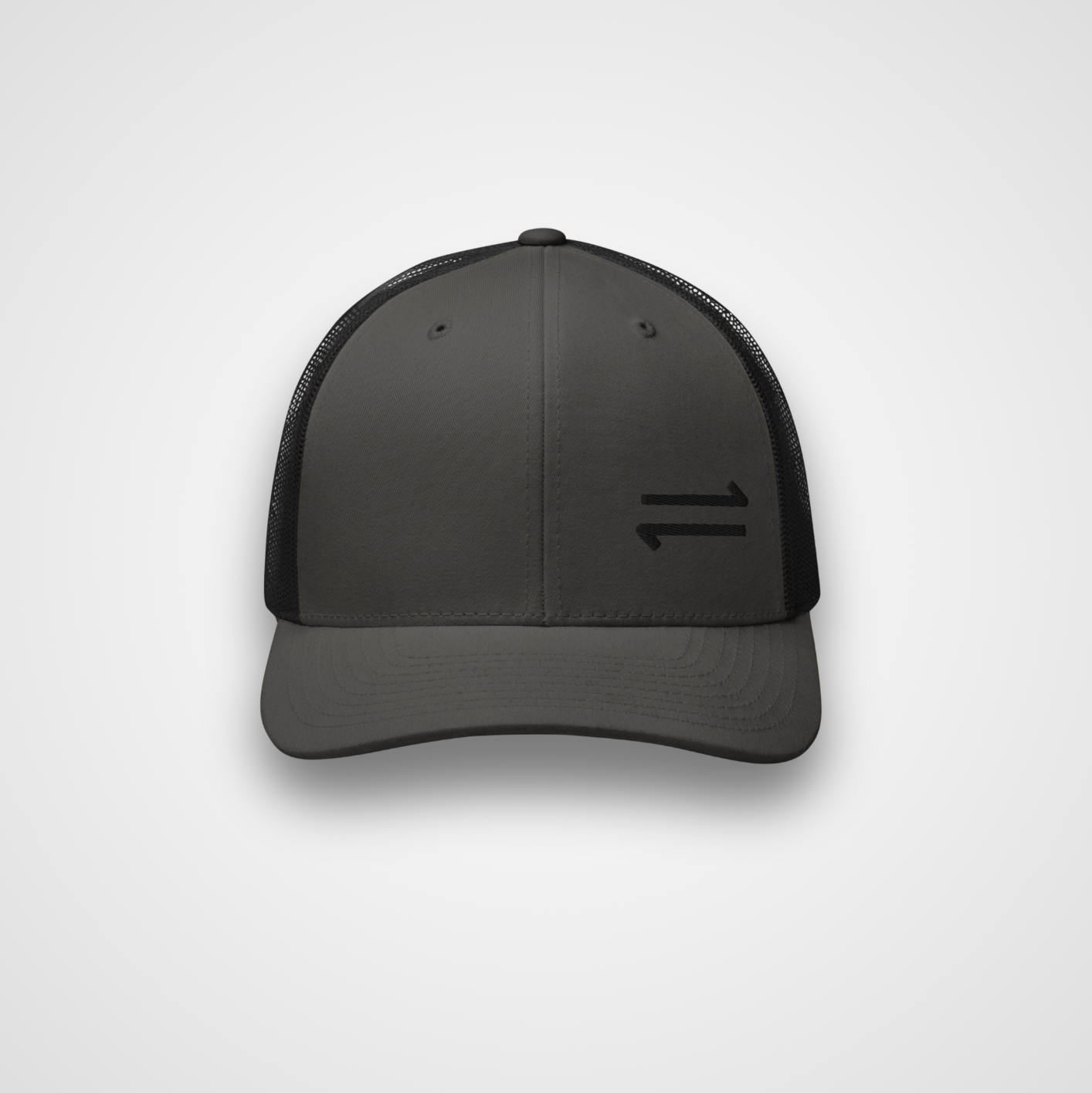 Black and gray cap with a logo on a white background