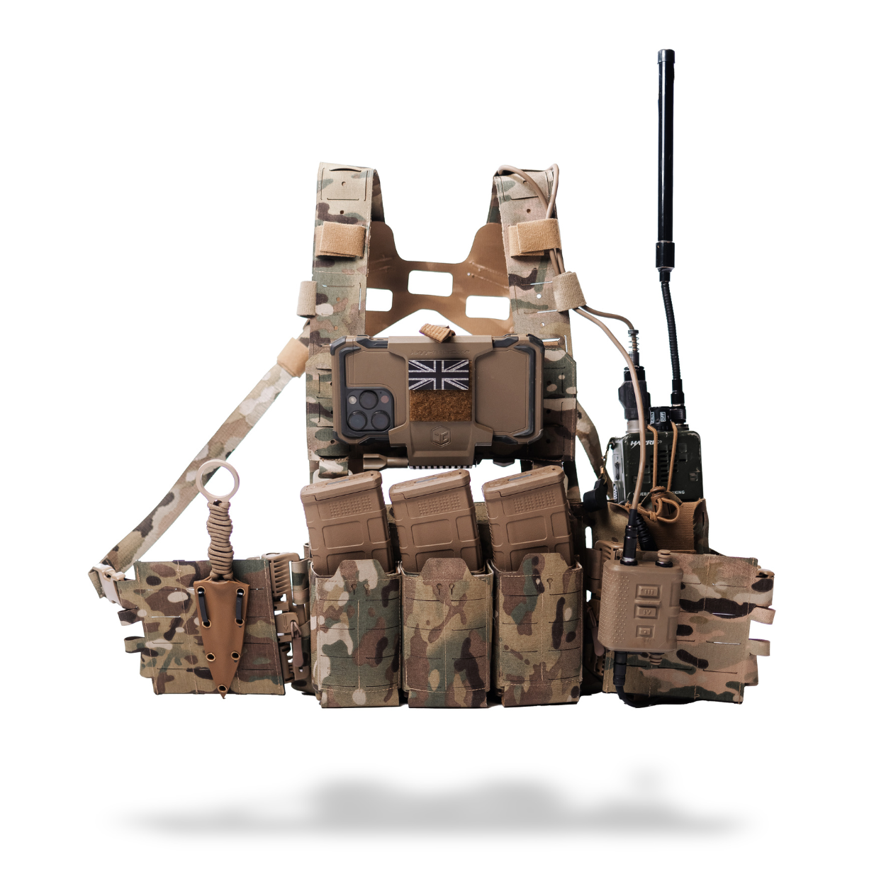 Camouflage tactical vest with British flag patch on a white background