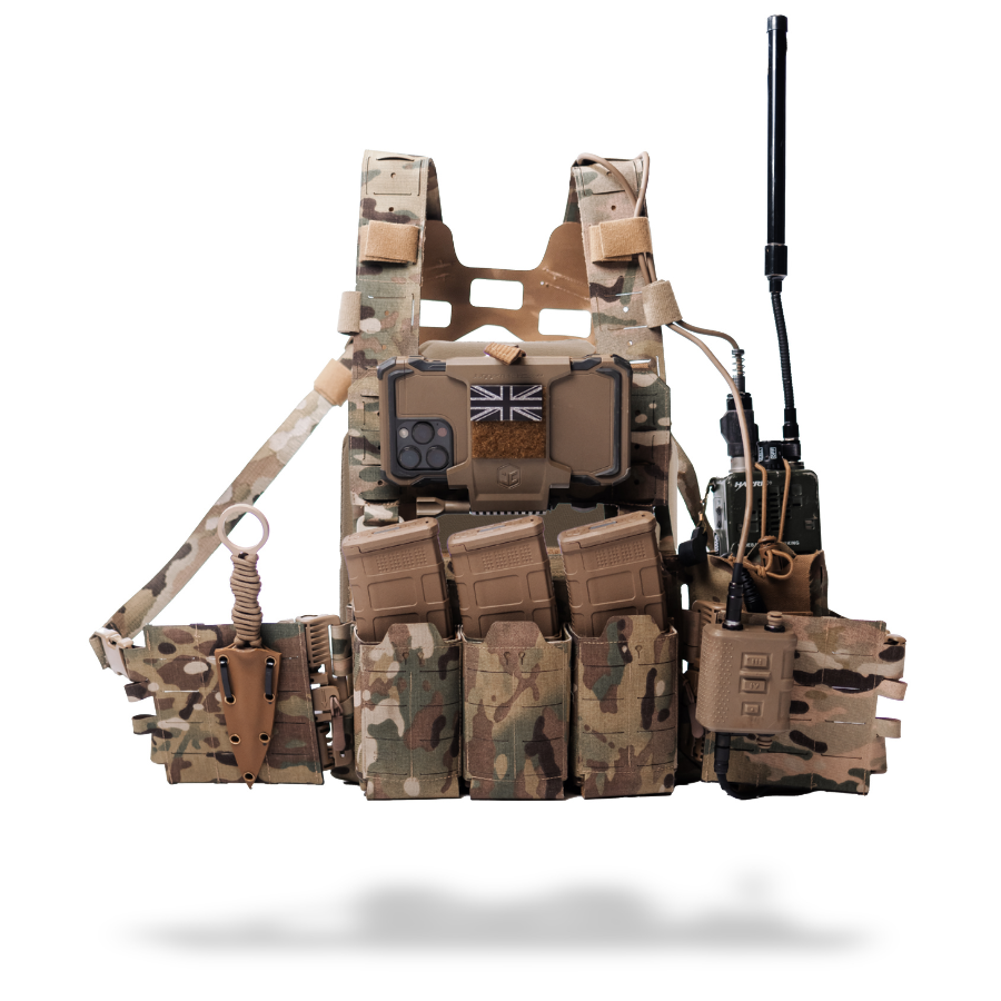 Camouflage tactical vest with British flag patch on a white background