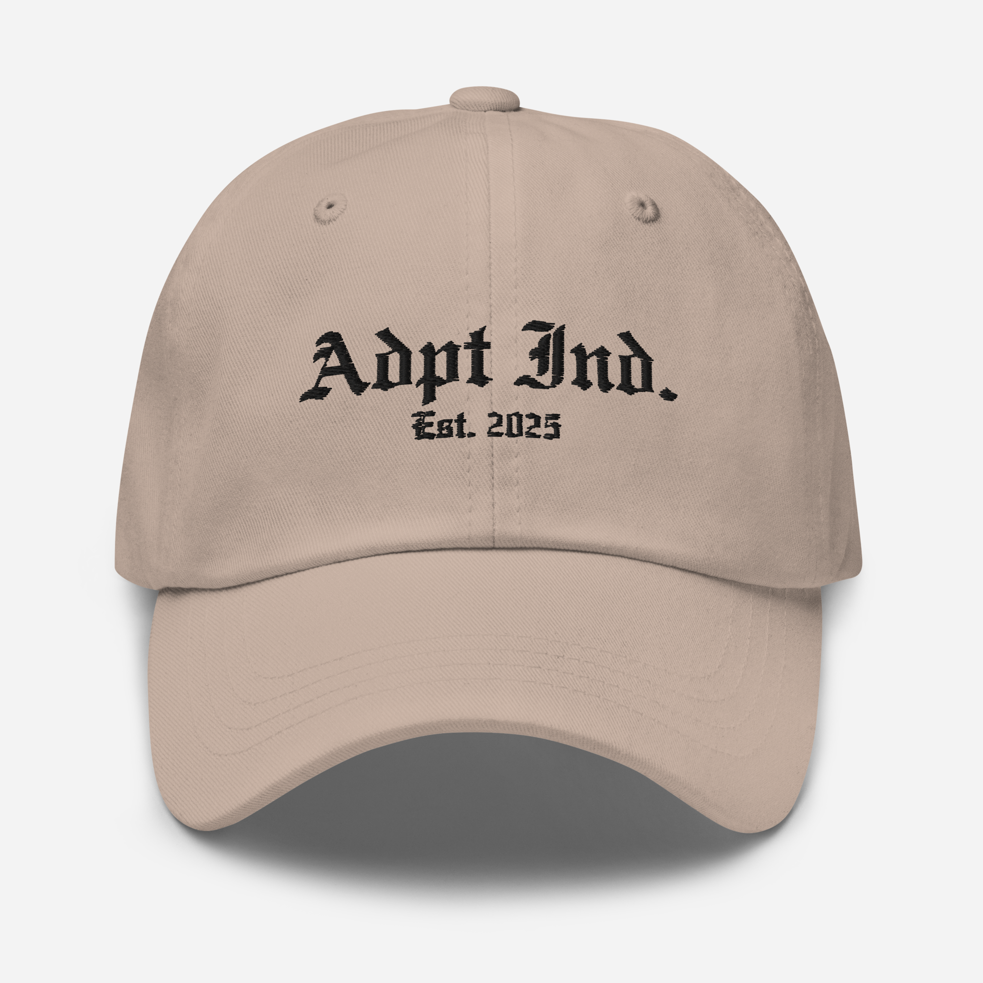 Tan coloured dad hat, front view with embroidery