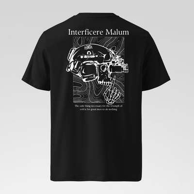 Black t-shirt with white graphic design and text on a gray background