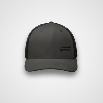 Black and gray cap with a logo on a white background