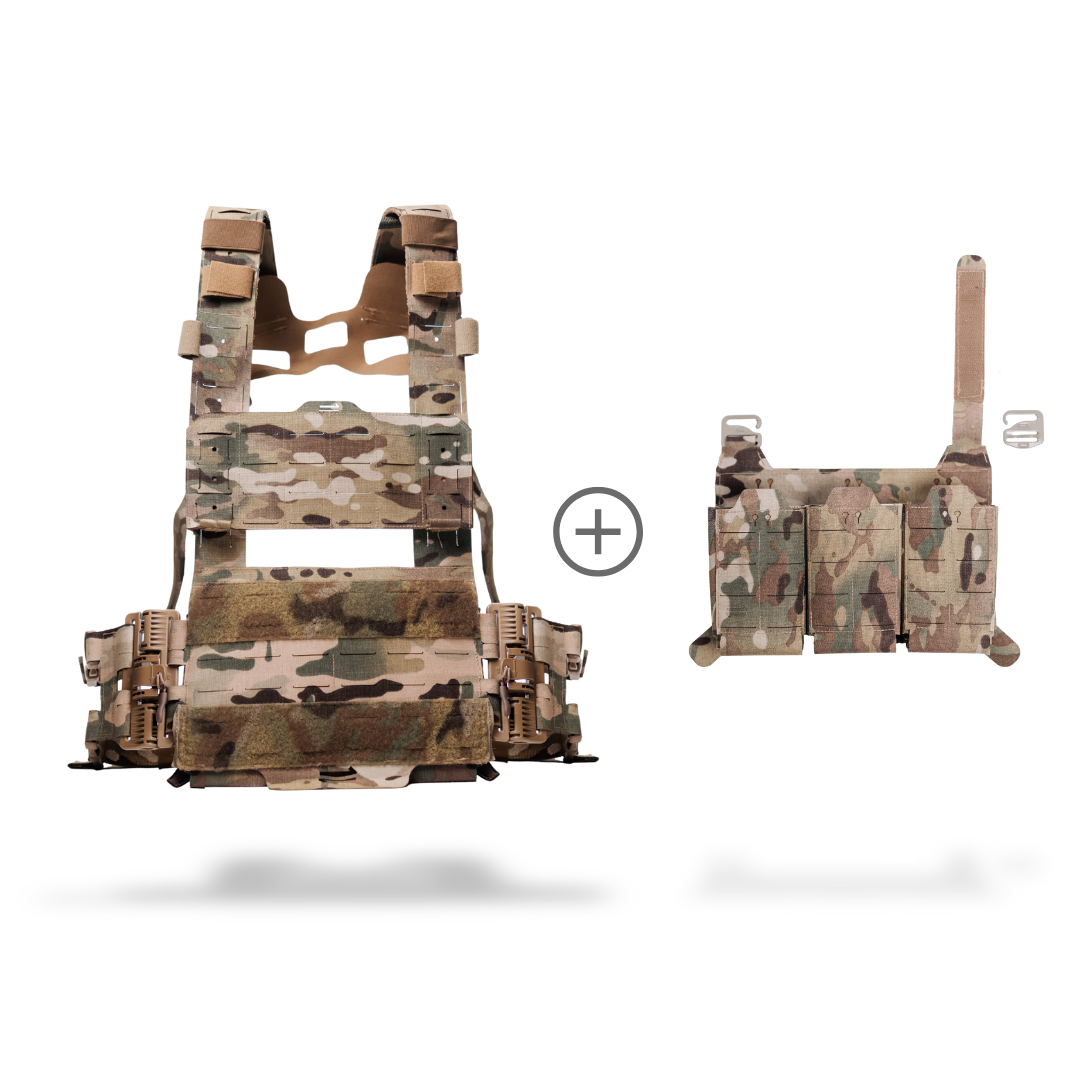 Camouflage tactical vest with additional pouches on a white background