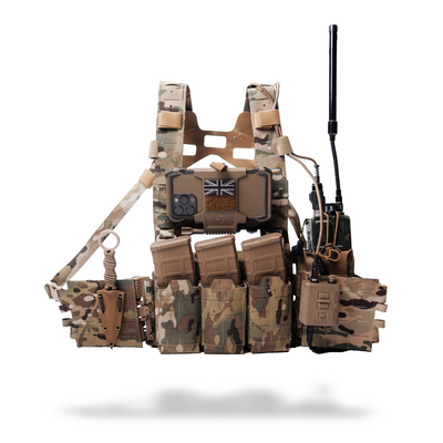Camouflage tactical vest with British flag patch on a white background