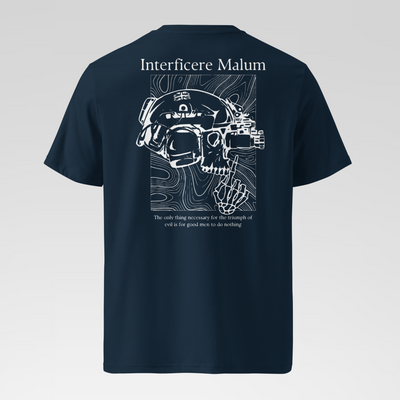 Navy blue t-shirt with white skull design and text on a gray background